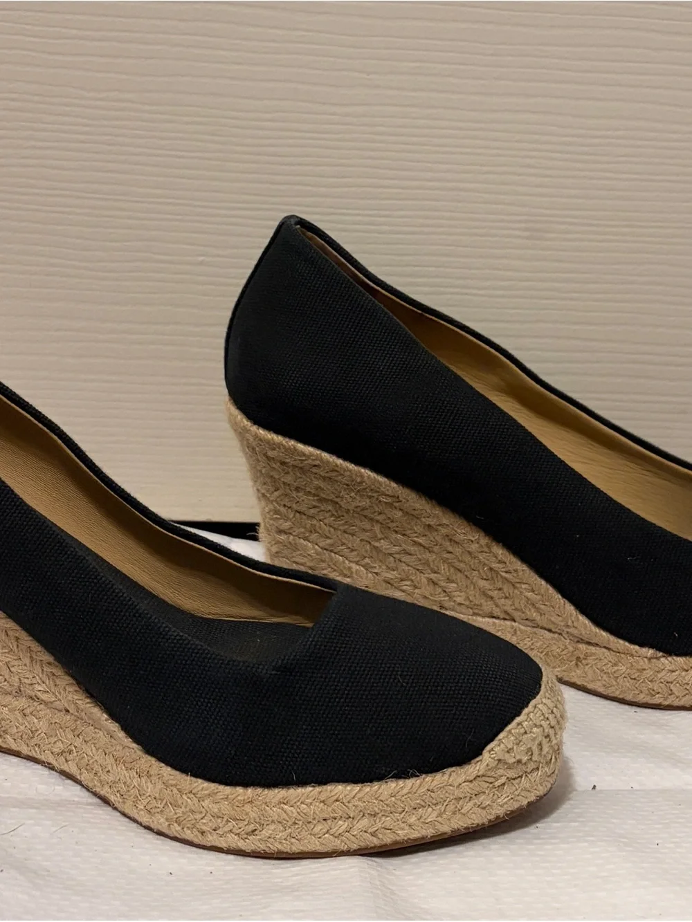 J. Crew Black Canvas Espadrille Wedge Pumps with Jute Trim